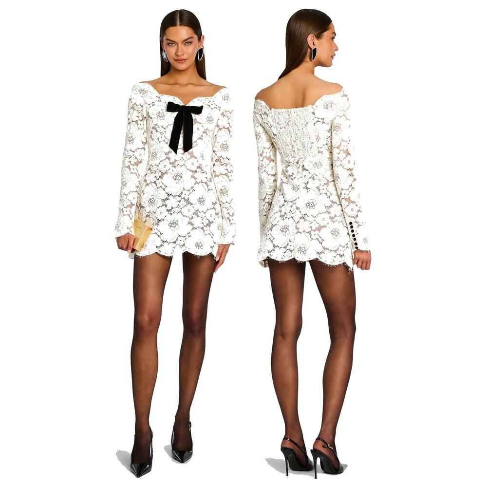 Retrofete Perdita Lace Mini Dress Bow Long Sleeve Bridal Wedding Party Formal XS